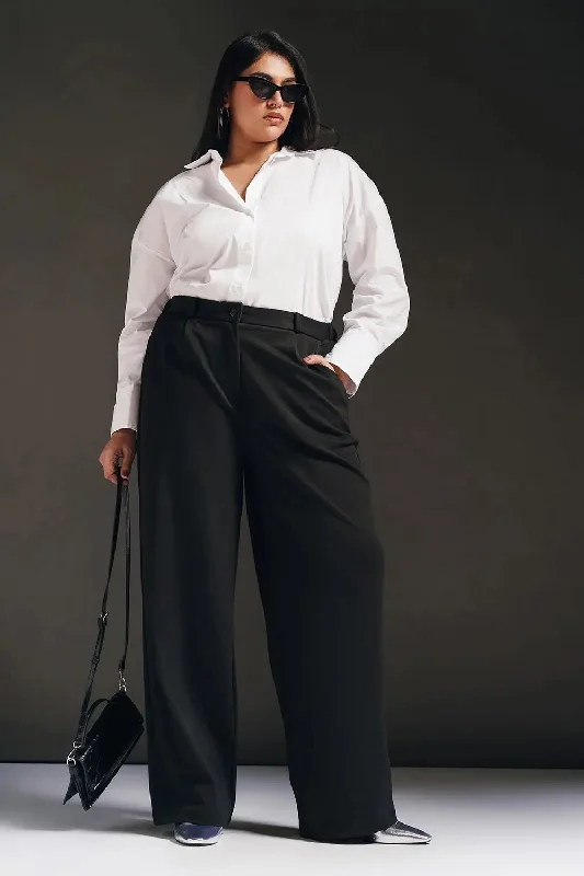Polished Black Curve Textured Korean Pants Formal Linen Trousers