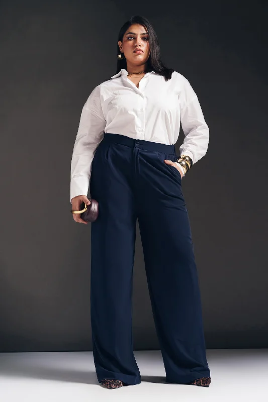 Regal Navy Curve Pleated Straight Fit Korean Pants Elegant Silk Pants