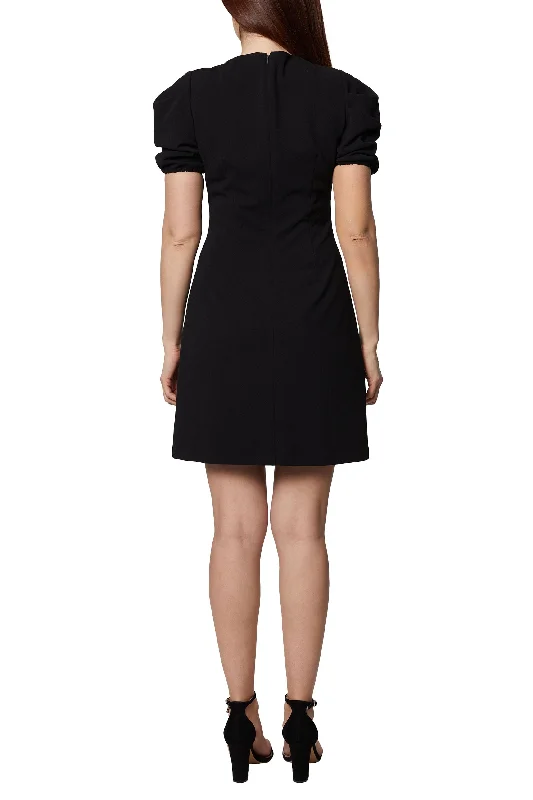 Sage Collective Crew Neck Short Puff Sleeve Hidden Zipper Back Scuba Crepe Dress