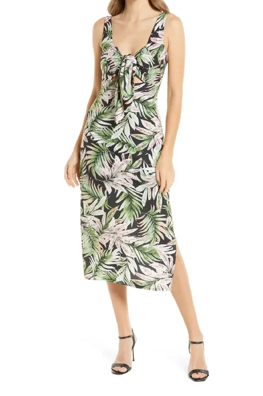 V-Neck Tie Front Zipper Back Slit Side Multi Print Dress