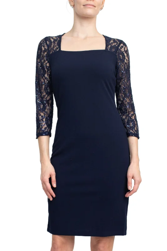 Square Neck 3/4 Sleeves Back Zipper Short Crepe Dress