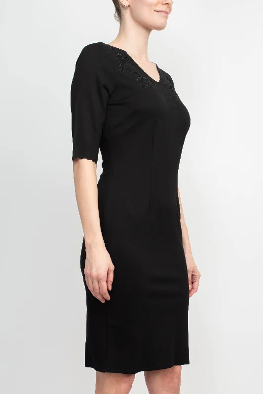 Scalloped V-Neck 3/4 Sleeve Embroidery Zipper Back Solid Short Scuba Dress