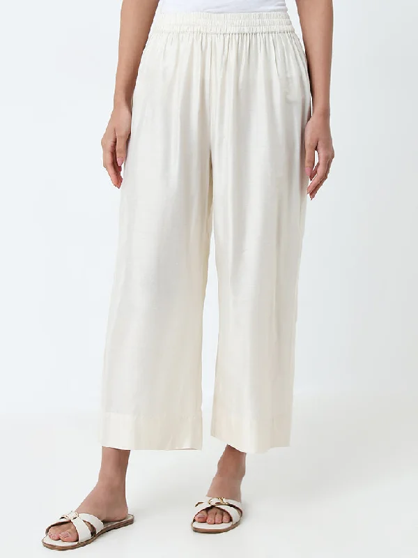 Utsa Ivory Solid High-Rise Ethnic Pants Formal Linen Trousers