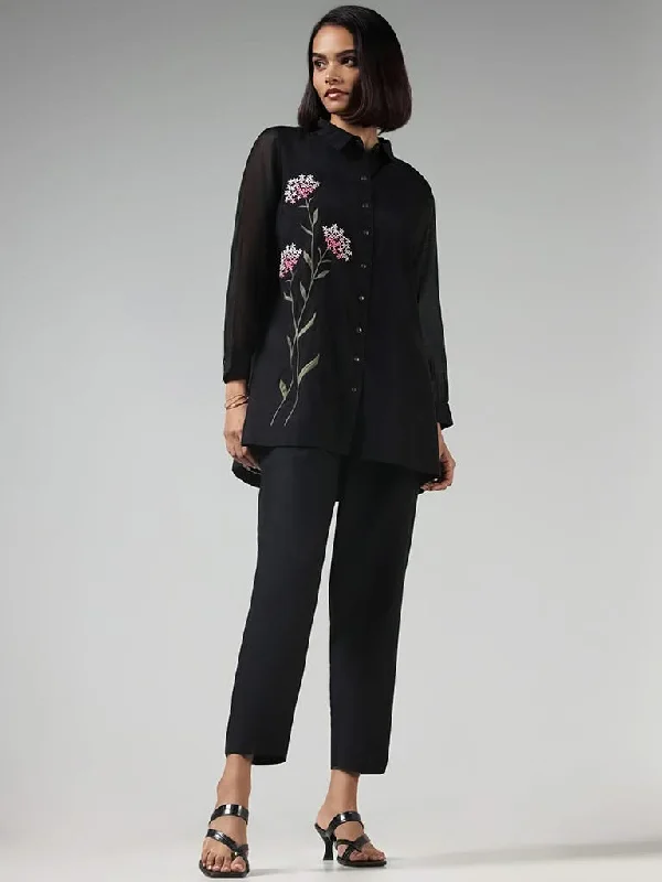 Vark Black Floral Embroidered Tunic & Pants Set Trendy Wide-Leg Pants