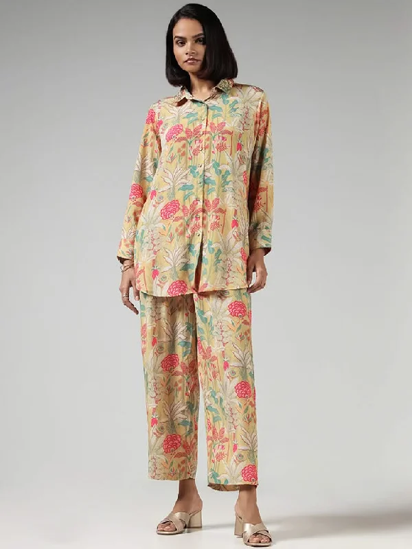 Vark Yellow Printed Kurti and Pants Set Comfy High-Waist Jeans