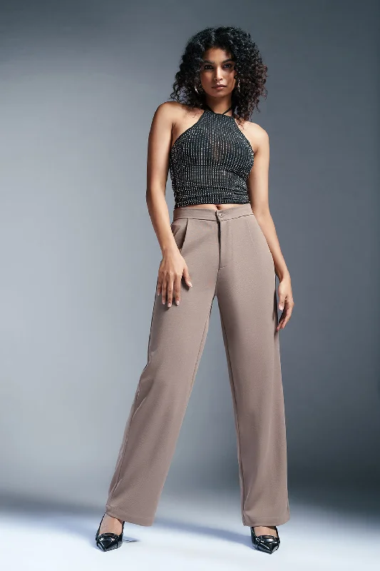 Warm Greige Women's Textured Korean Pants Comfortable Pleated Pants