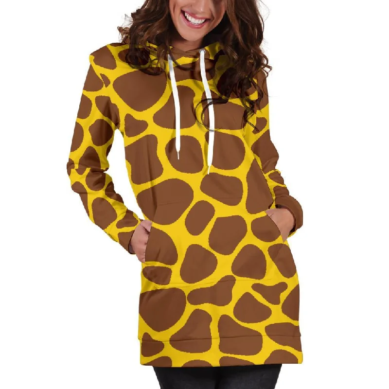 Yellow Brown Giraffe Pattern Print Pullover Hoodie Dress