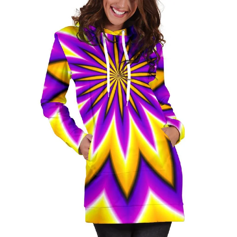 Yellow Flower Moving Optical Illusion Pullover Hoodie Dress