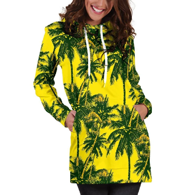 Yellow Palm Tree Pattern Print Pullover Hoodie Dress