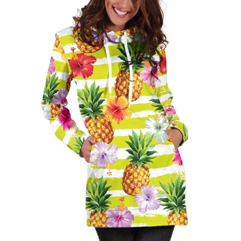 Yellow Striped Pineapple Pattern Print Pullover Hoodie Dress