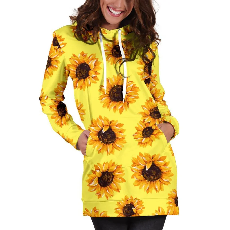 Yellow Sunflower Pattern Print Pullover Hoodie Dress