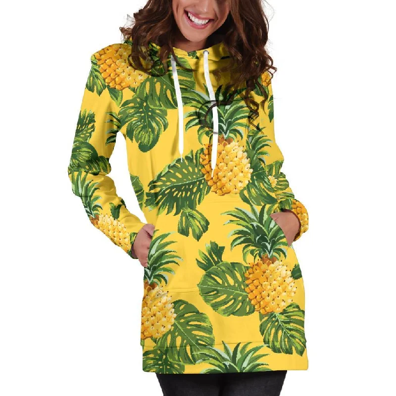 Yellow Tropical Pineapple Pattern Print Pullover Hoodie Dress