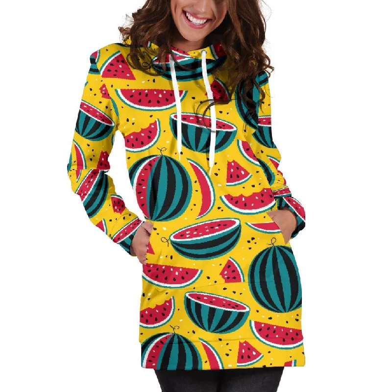 Yellow Watermelon Pieces Pattern Print Pullover Hoodie Dress