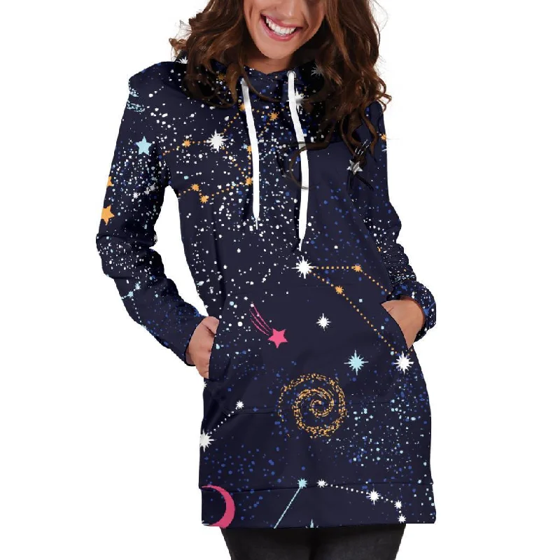 Zodiac Star Signs Galaxy Space Print Pullover Hoodie Dress