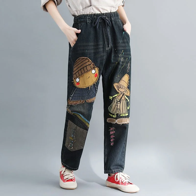 Retro Witch Patch Harem Jean Pants Women Elastic Waist Cartoon Embroidery Ripped Hole Plus Size Casual Streetwear Femme Harajuku Casual Distressed Denim Jeans Retro Witch Patch Harem Jean Pants Women Elastic Waist Cartoon Embroidery Ripped Hole Plus Size Casual Streetwear Femme Harajuku Casual Distressed Denim Jeans