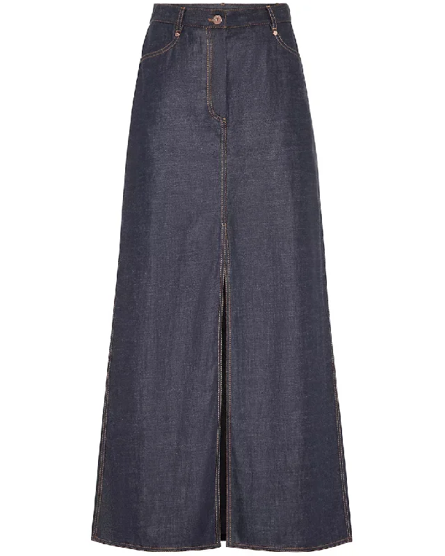 Long Front Slit Denim Skirt in Dark Wash elastic waist skirt