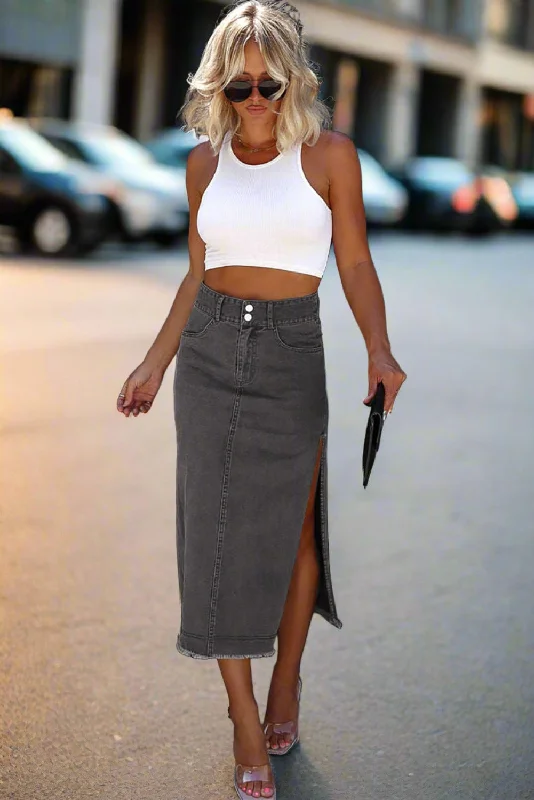 High Rise Black Denim Jean Midi Skirt wool skirt sturdy