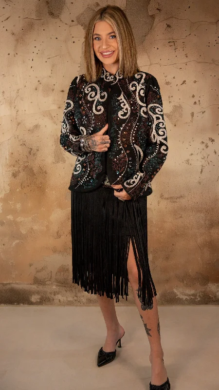 Center Stage Embellished Fringe Skirt denim skirt fashionable