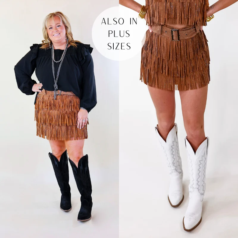 Cowboy Killer Crystal Fringe Mini Skort in Camel Brown wrap skirt elegant