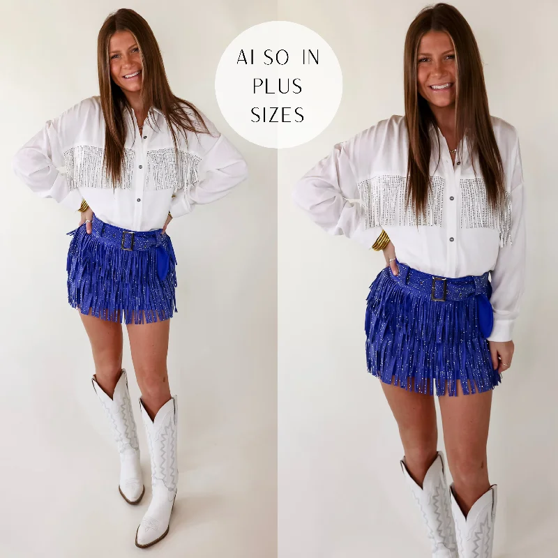 Cowboy Killer Crystal Fringe Mini Skort in Royal blue pleated skirt texture
