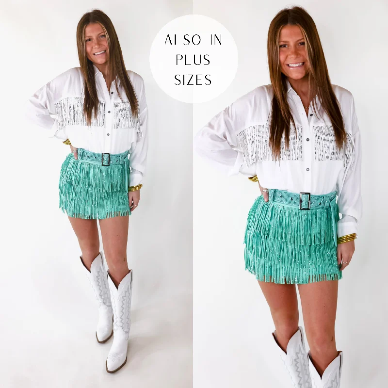 Cowboy Killer Crystal Fringe Mini Skort in Mint Green button skirt front