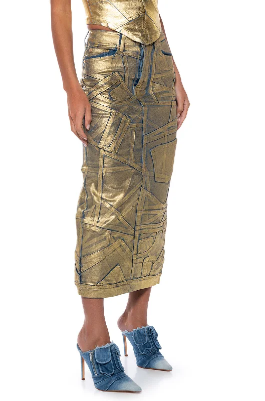 GIGI METALLIC PATCHWORK DENIM SKIRT athletic skirt fit