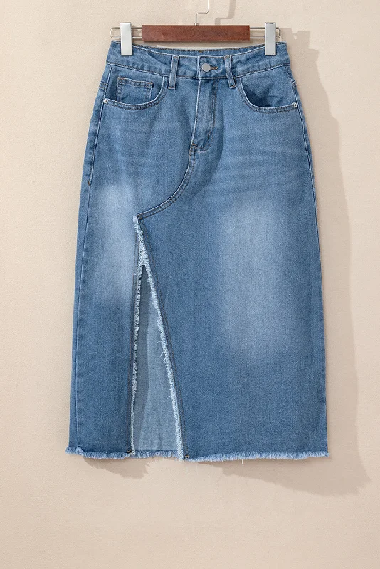 High Rise Denim Blue Jean Midi Skirt silk skirt lustrous