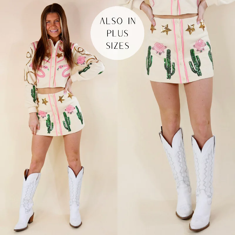 Queen Of Sparkles | Frontier Outlaw Cowgirl Icon Fully Sequin Skort in Ivory low waist skirt