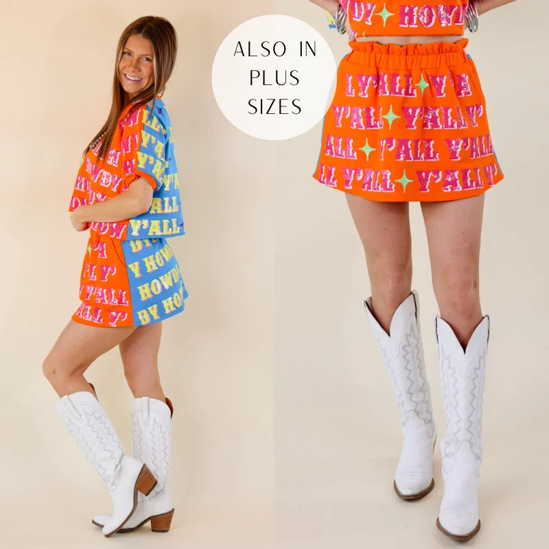 Queen Of Sparkles | Howdy Y'all Colorblock Sequin Skort in Orange & Blue boho skirt vibe