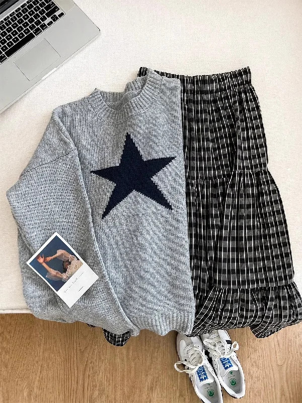 Soft round-neck star sweater plaid skirt suit   S4744 modal blend skirt